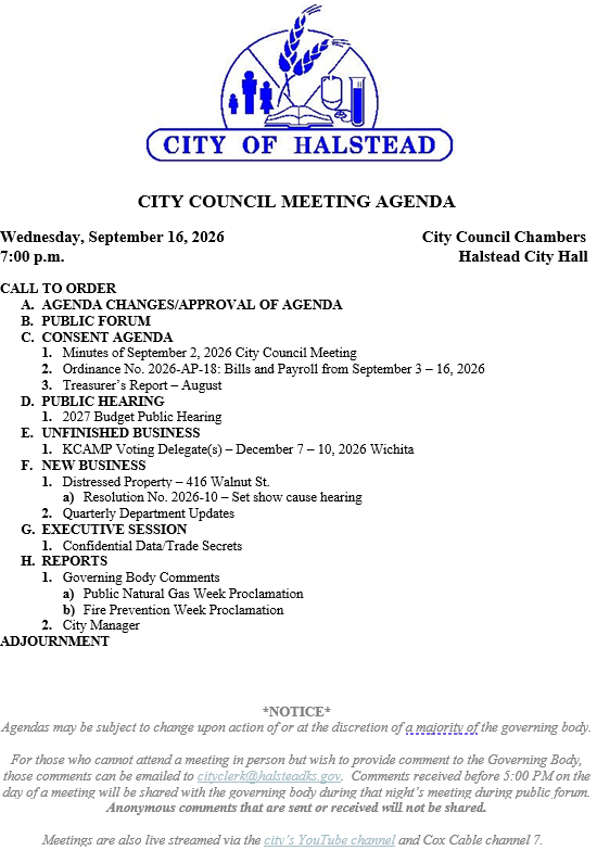 City Council agenda for the September 16th City Council meeting.