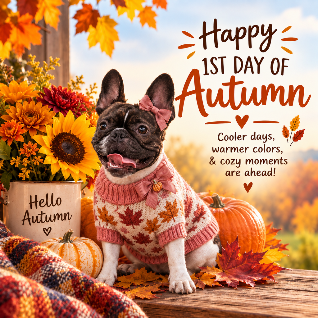 Happy 1st Day of Autumn with a French Bulldog in a sweater.