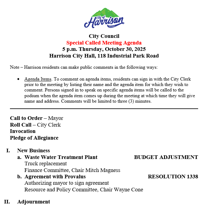 Special Called Agenda