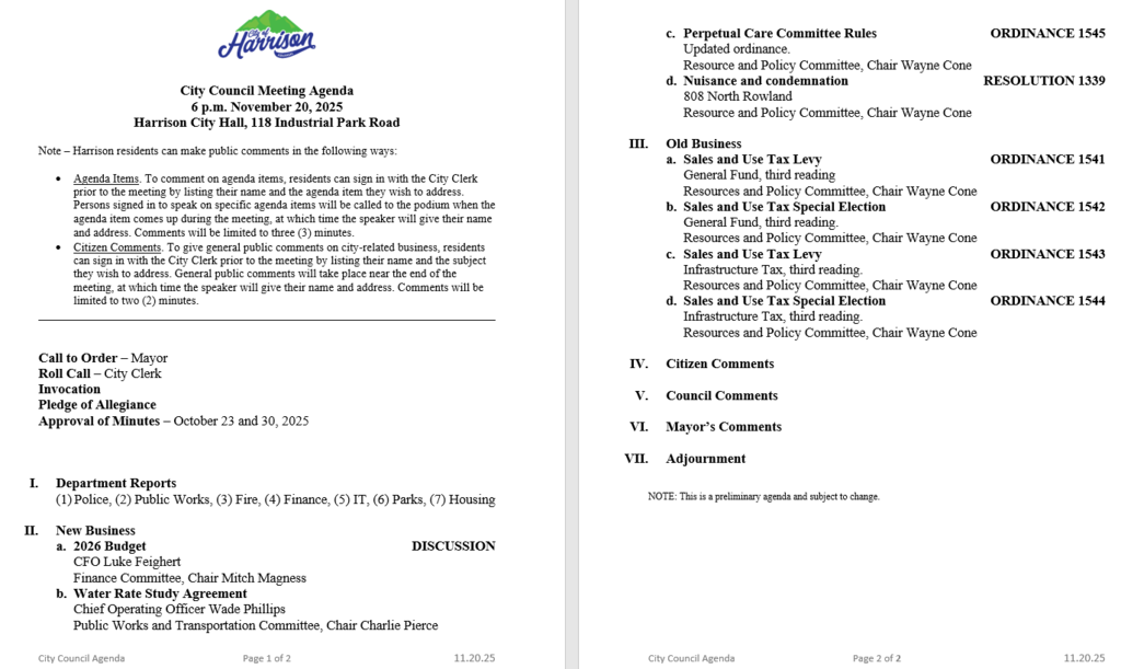 City Council November Agenda