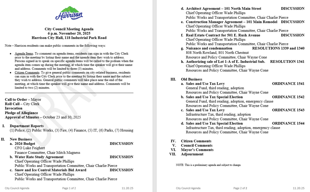 City Council Draft Agenda