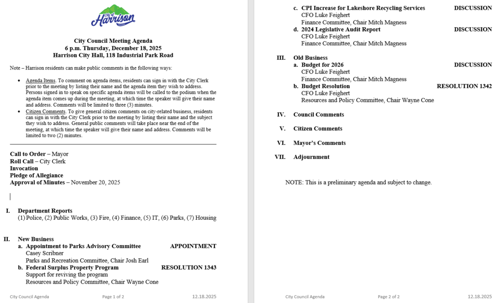 Agenda for CC 12.18.25