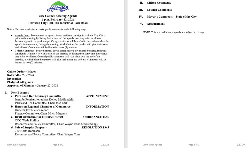 Council agenda for 2.12.26