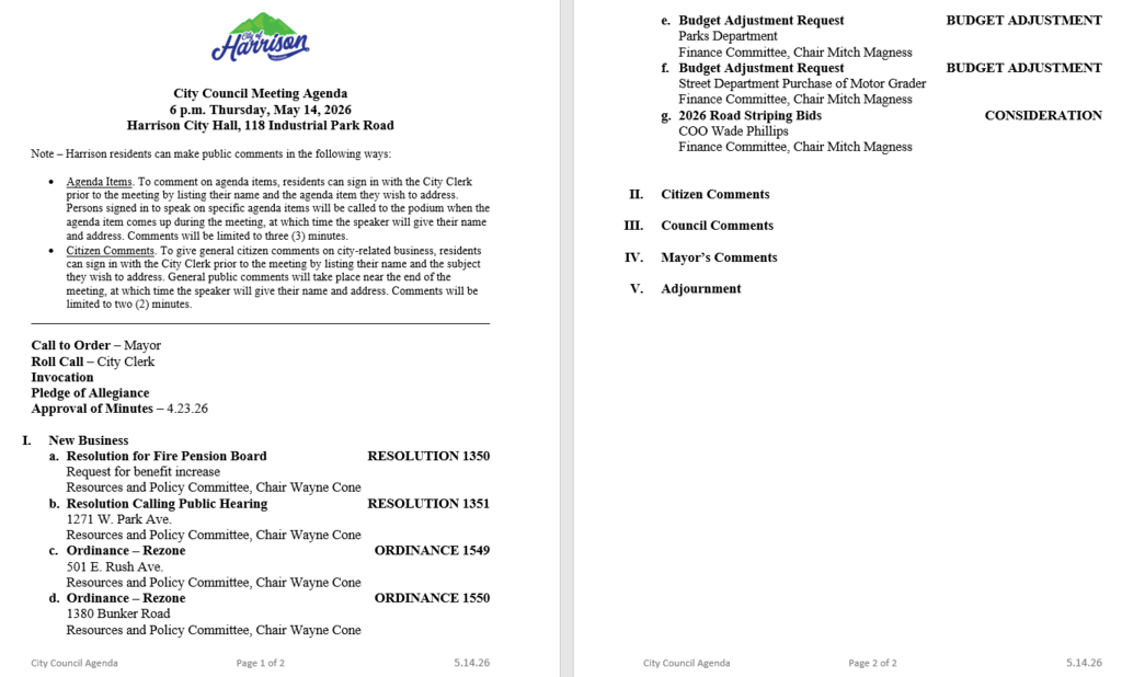 City Council Proposed agenda