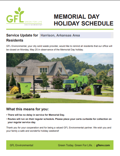 Memorial Day Trash Schedule