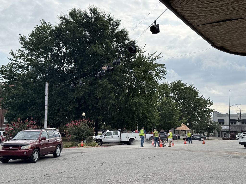 Downtown work at four-way stop