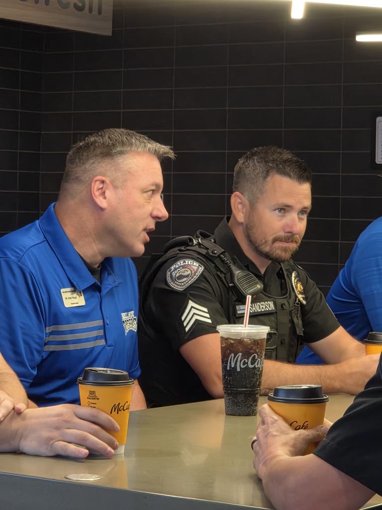 Coffee with the Police Chief Sgt Sanderson with Hollister School Mr. Waugh