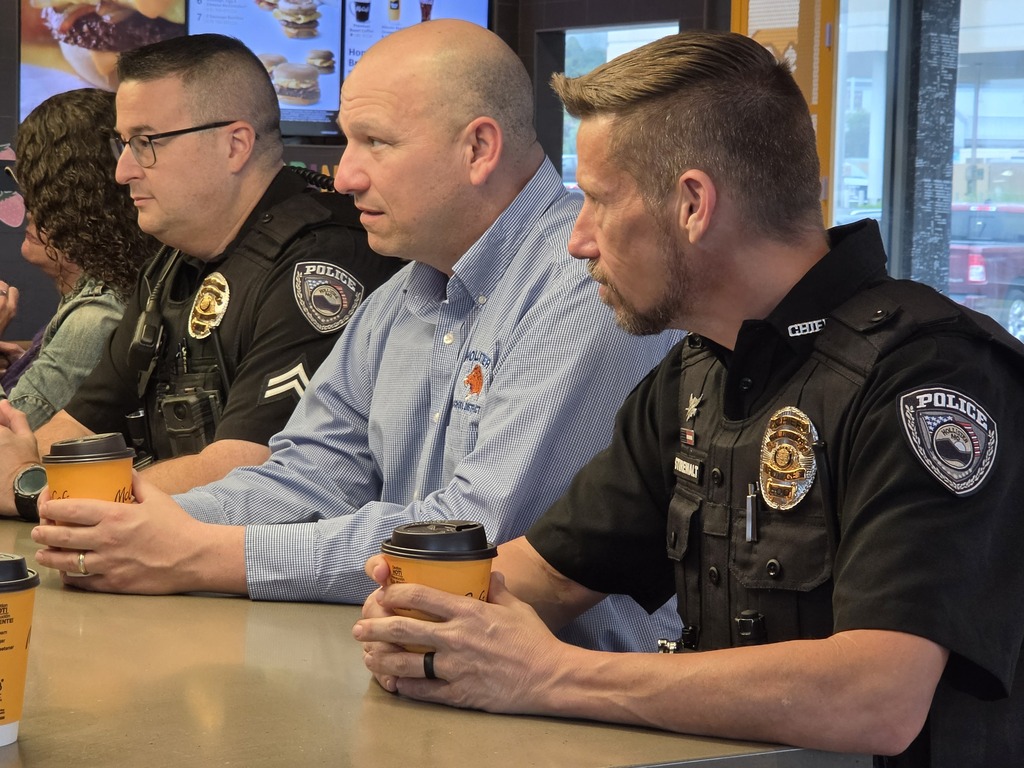 Coffee with the Police Chief Corporal Ellersick and Chief Stirewalt with Hollister Schools Superintendent Dr Woods