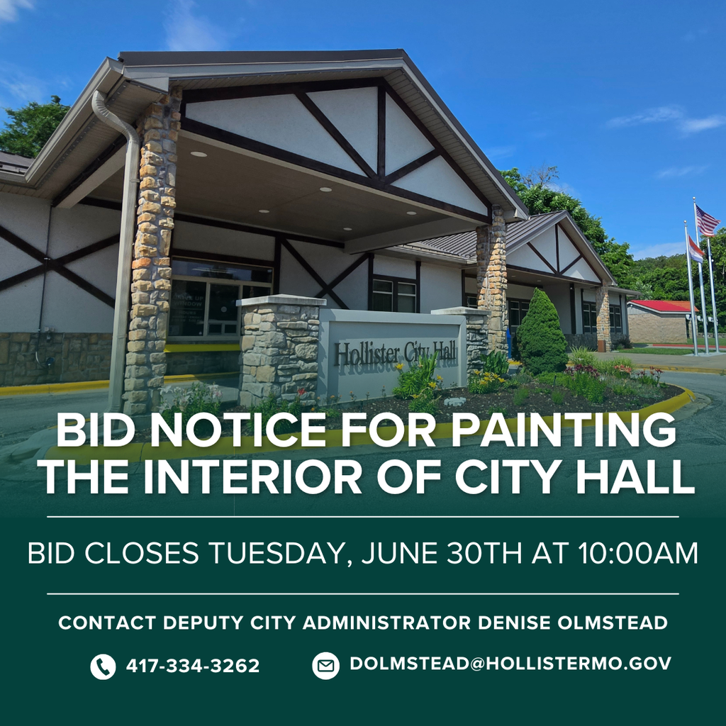 Bid notice for the painting the interior of Hollister City Hall. Bid closes Tuesday June 30th at 10:00am.