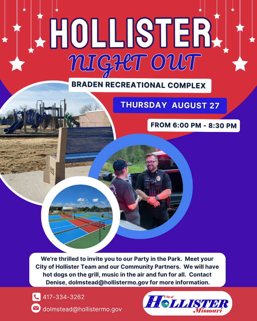 Hollister Night Out, Thursday August 27th at 6:00pm to 8:30pm at Braden Park - come out and meet the City of Hollister Team and their community partners.