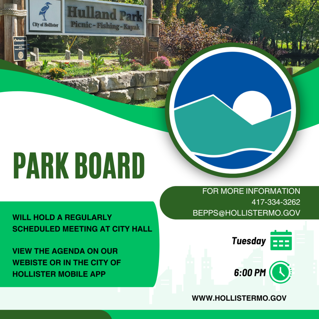Park Board Meeting Reminder Tuesday August 18th at 6:00pm at City Hall