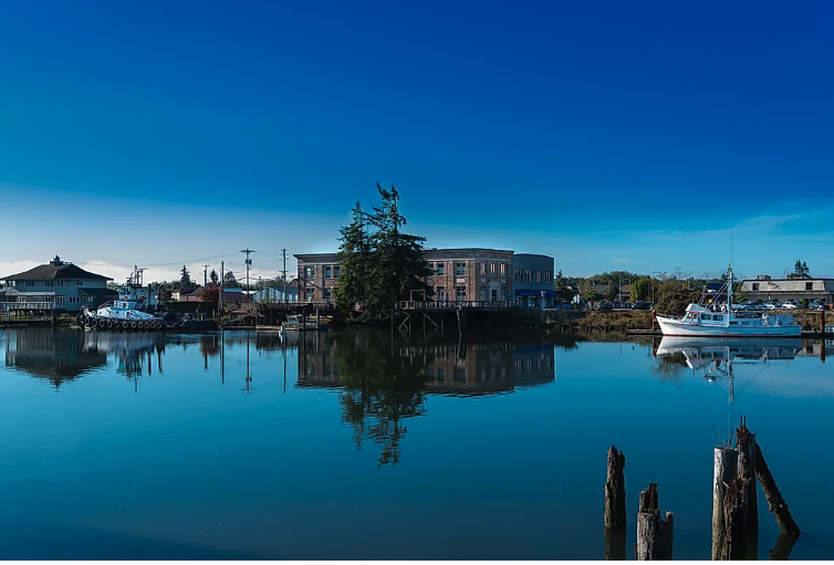 Scenic view looking across Hoquiam river from near Bridge on Riverside Ave. in Hoquiam, Washington