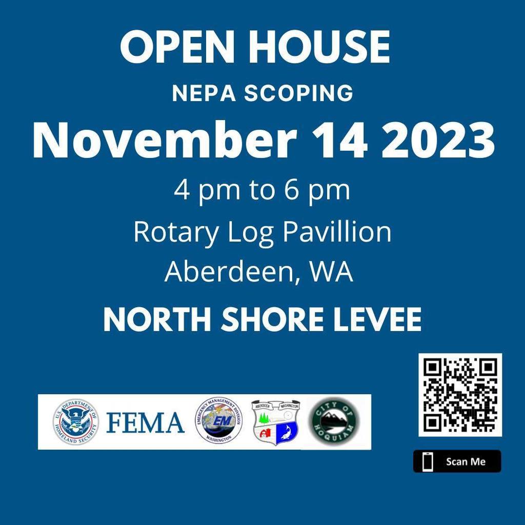 Open house nepa scoping november 14 2023 4pm to 6pm rotary log pavillion aberdeen, washington north shore levee