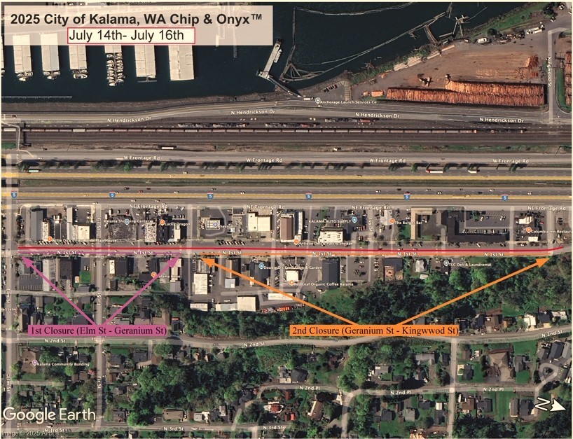 Downtown Chipseal and Onyx map- N 1st Street, July 14th-16th