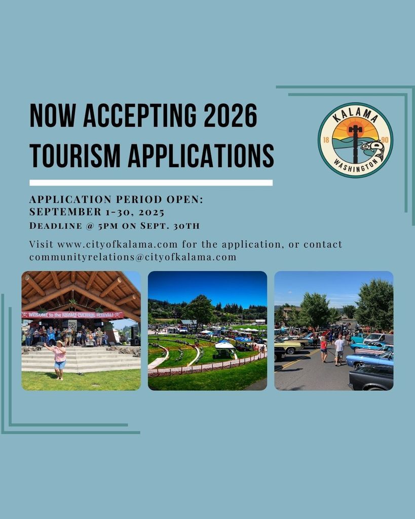 now accepting 2026 tourism applications - application period open: September 1-30, 2025. Deadline: Sept 30th @ 5pm. Visit www.cityofkalama.com for the application, or contact communityrelations@cityofkalama.com