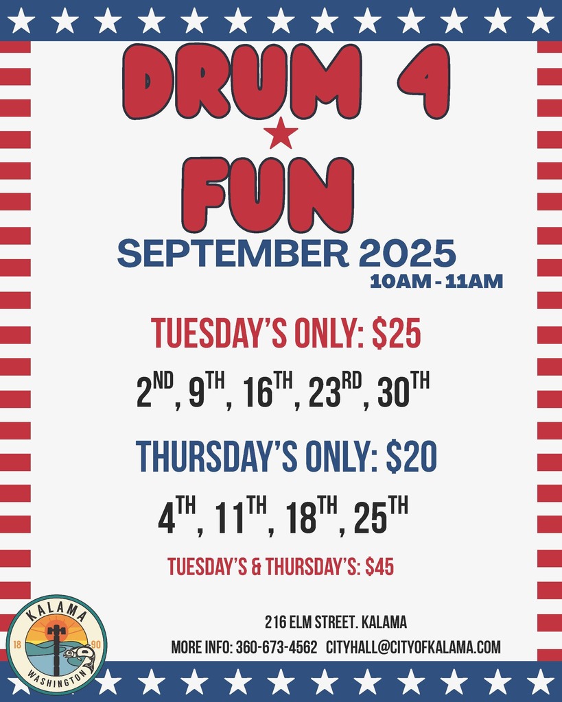 Drum 4 Fun, September 2025 schedule, 10am-11am, Tuesdays only: $25 for Sept. 2, 9, 16, 23, 30,, and Thursdays only: $20 for Sept. 4, 11, 18, 25.