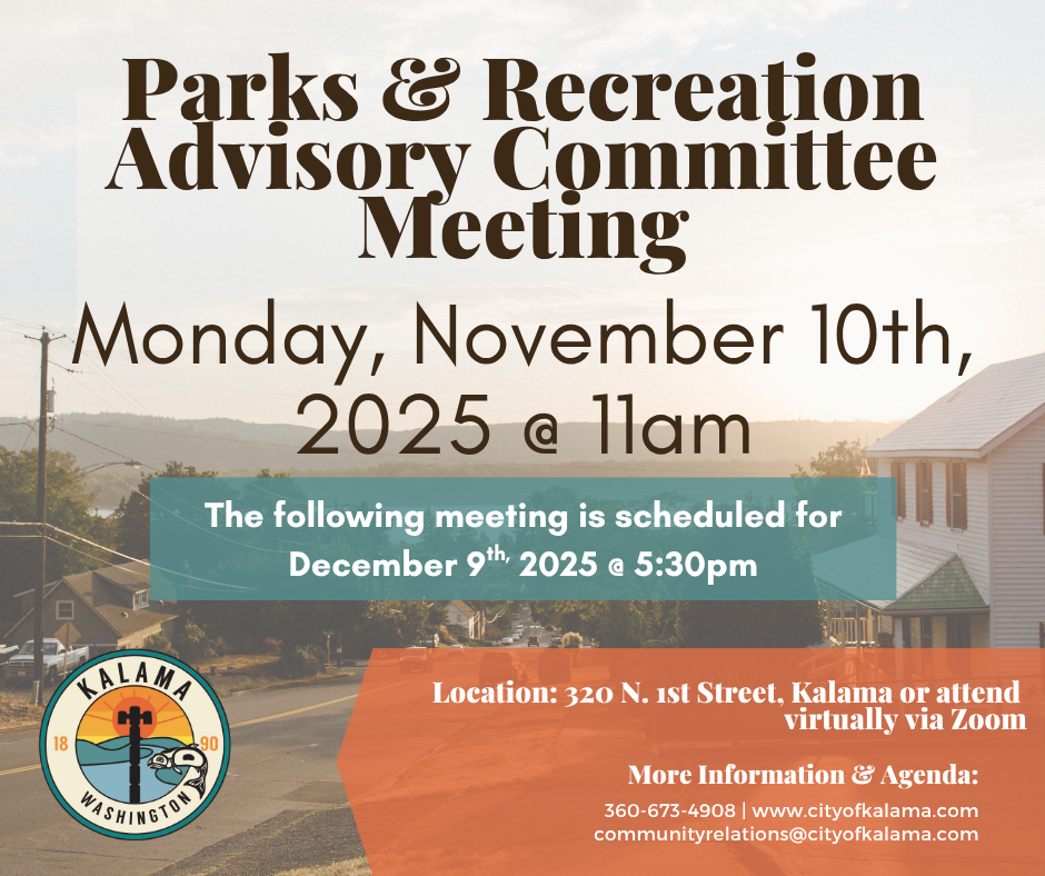 Parks & Rec advisory committee meeting for Monday, November 10th, 2025 @ 11am. Location: 320 N 1st Street or attend virtually via Zoom.