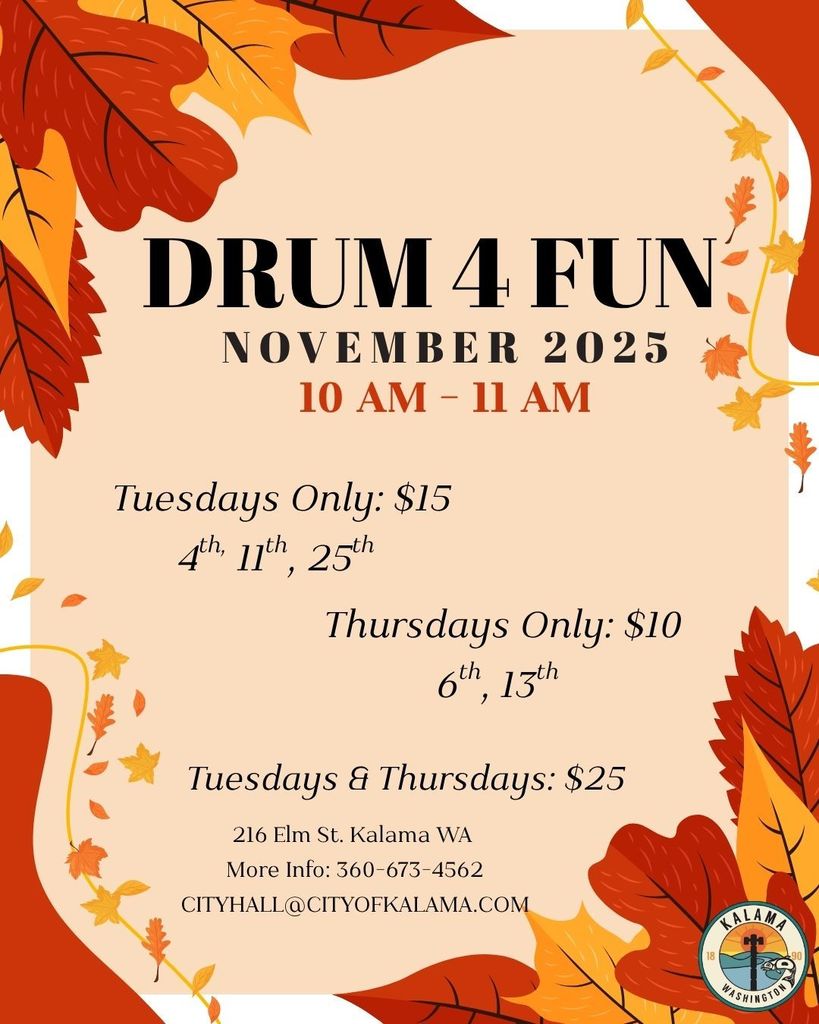 Drum 4 Fun November 2025, 10am-11am, Tuesdays only: $15, Nov 4, 11, & 25, Thursdays only: $25, 6th and 13th. @ 216 Elm Street