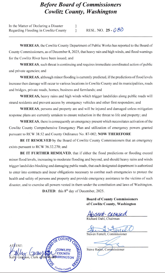 Board of commissioners of cowlitz county washington - declaring a disaster regarding flooding in cowlitz county
