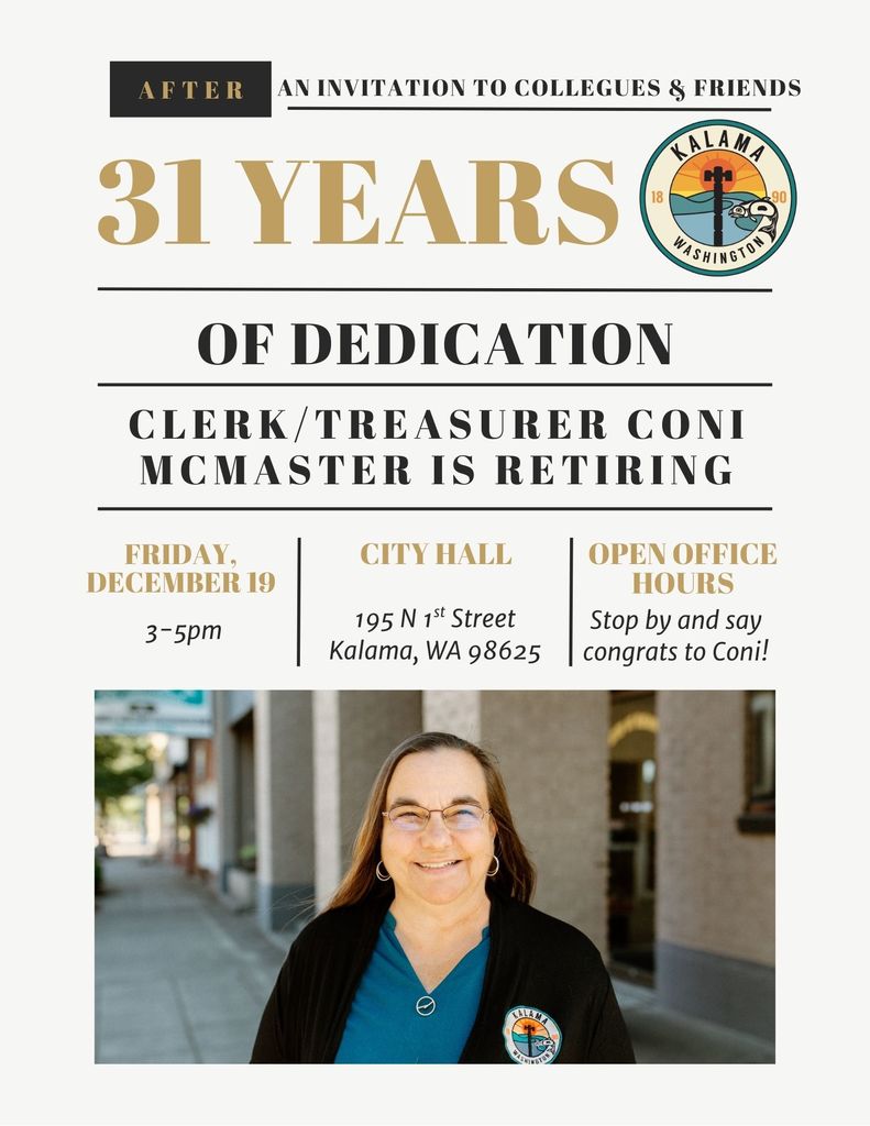 After 31 years of dedication, Clerk/Treasurer Coni McMaster is retiring. Friday, December 19th, from 3-5pm join us at City Hall for open office hours to celebrate her!