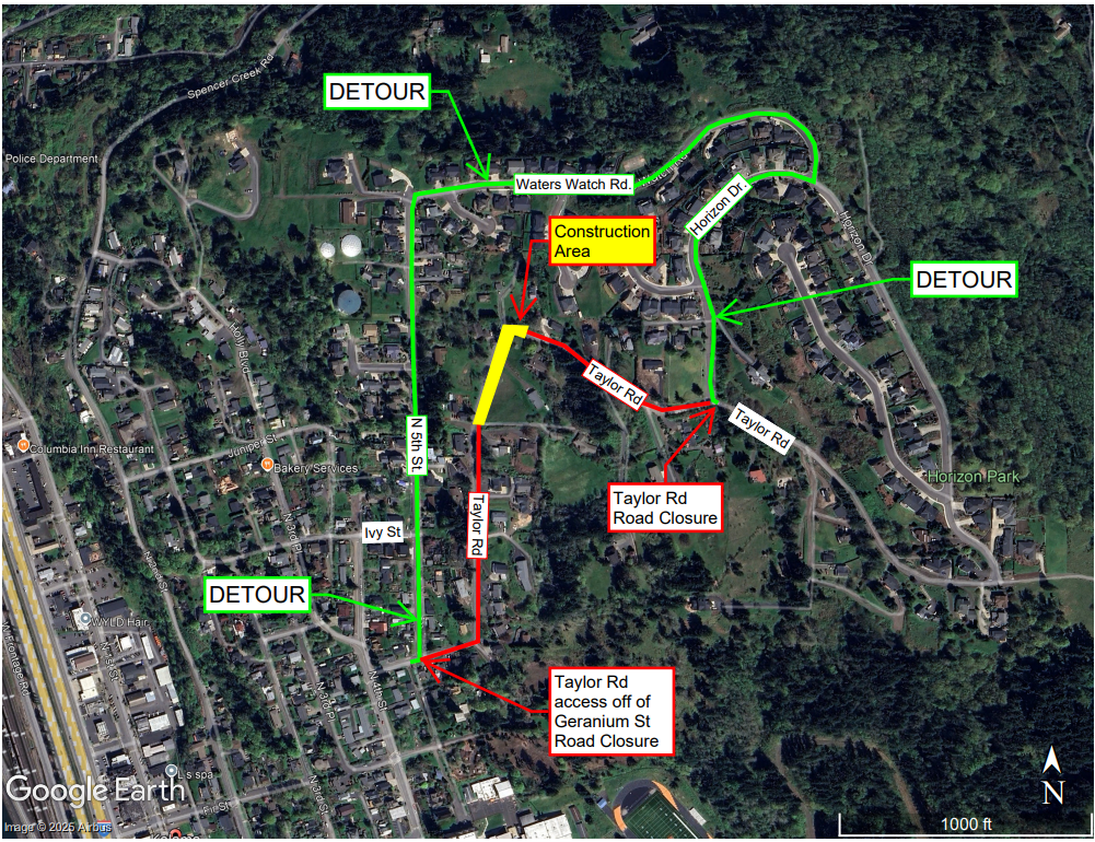 map that includes detour for Taylor Rd construction