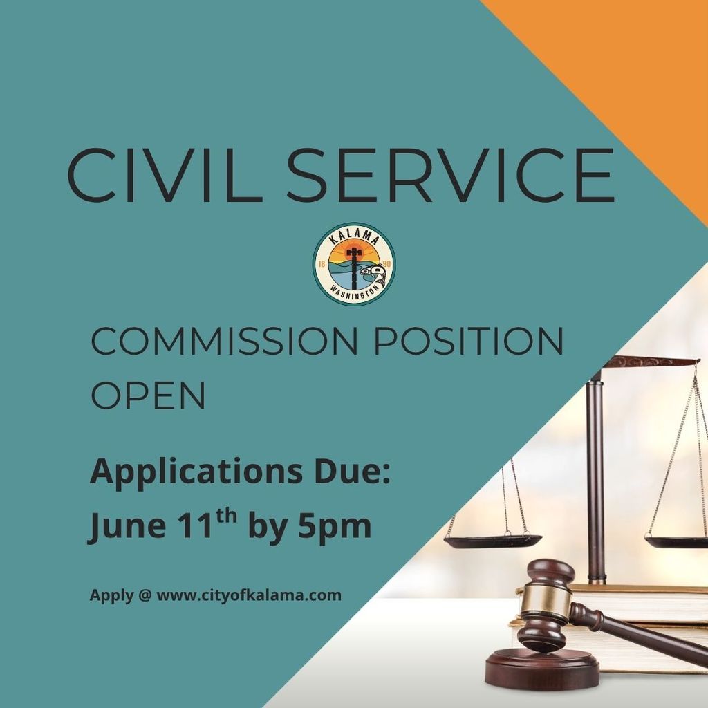 Civil Service Commission Position open. Applications due: June 11th by 5pm. apply at www.cityofkalama.com .Image of a weighted scale and gavel