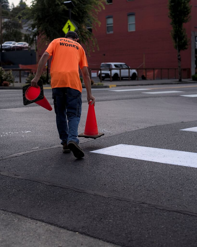 public works sets out cones near crosswalk