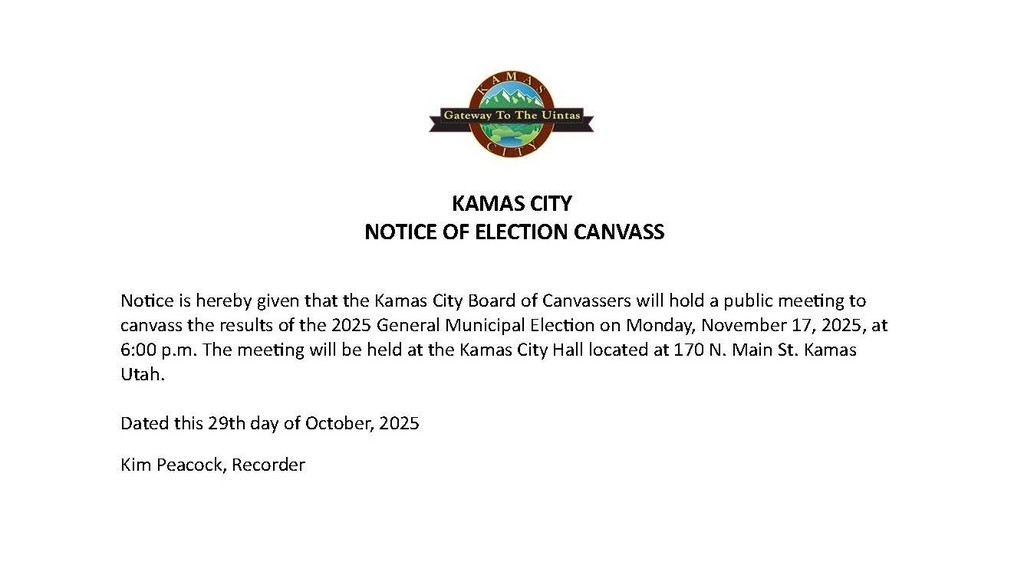 KAMAS CITY Notice of Canvass