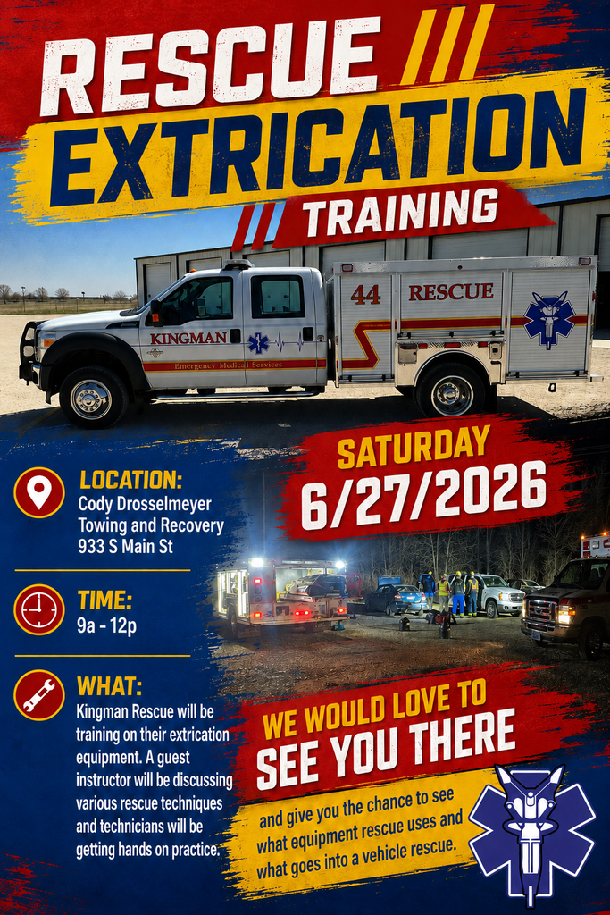 Kingman Rescue Training flyer for public invitation on 6/27/2026 between 9a-1p at 933 S Main St, Kingman KS 67068