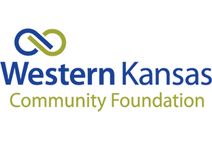 Blue and green graphic featuring a stylized silhouette of the state of Kansas above a blue horizontal design with a green border along the bottom.