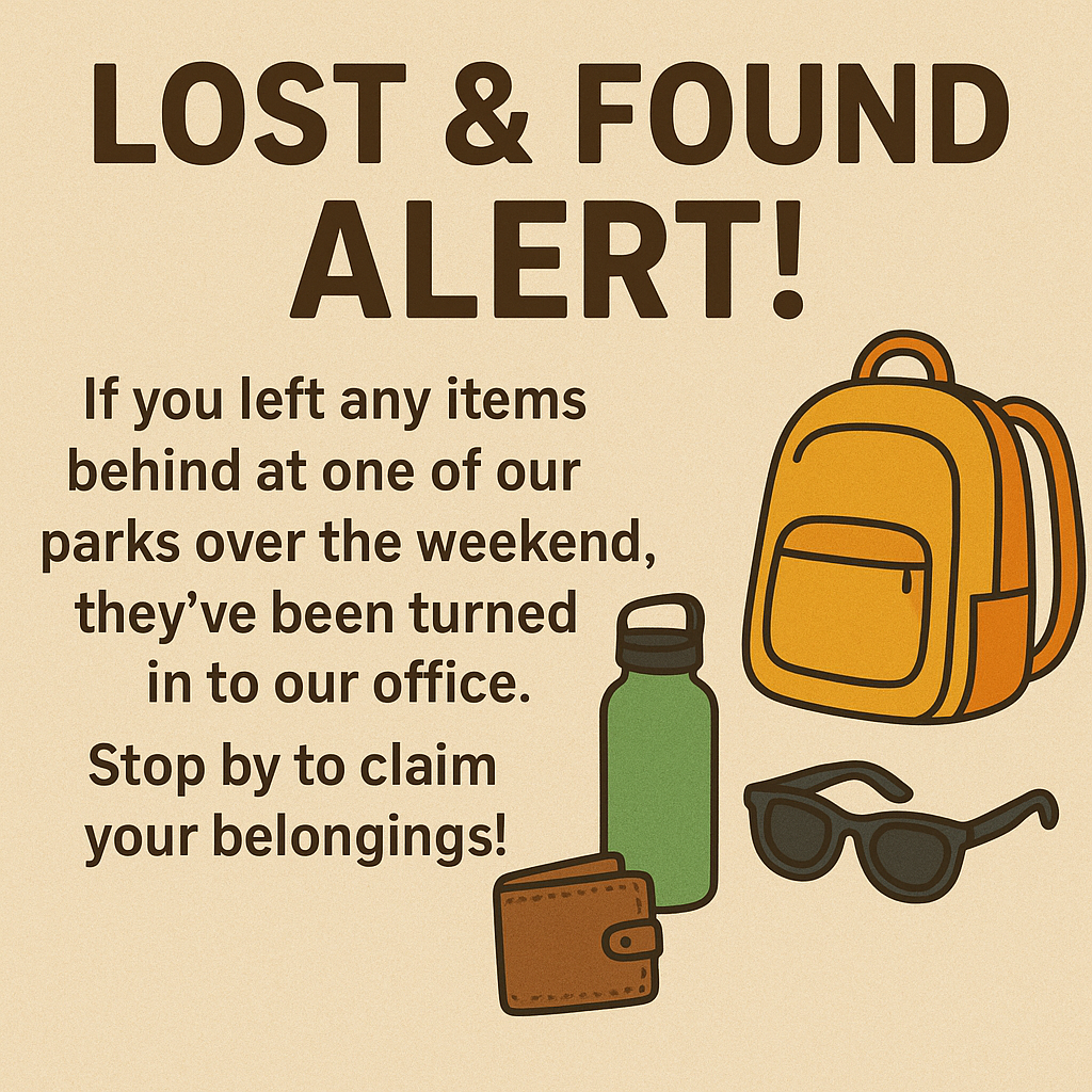 If you left any items behind at one of our parks over the weekend, they’ve been turned in to City Hall. Stop by Monday–Friday, 8 AM–5 PM, or call us at 620-355-6252 to claim your belongings!