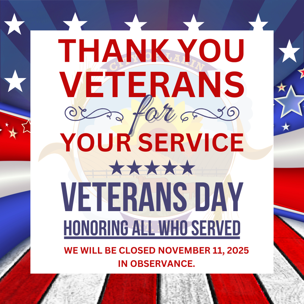 Graphic with a patriotic red, white, and blue background featuring stars and stripes. Text reads: “Thank you veterans for your service. Veterans Day – honoring all who served. We will be closed November 11, 2025, in observance.” The faint City of Lakin logo appears behind the text.