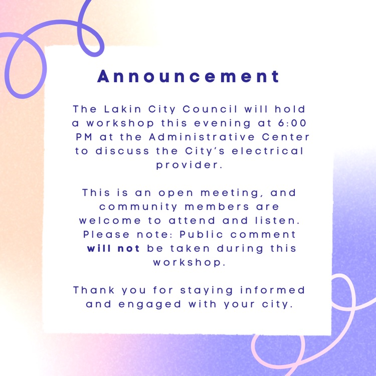 workshop meeting tonight at 6 PM at the Lincoln administrative center if you have any questions call 620-355-6252