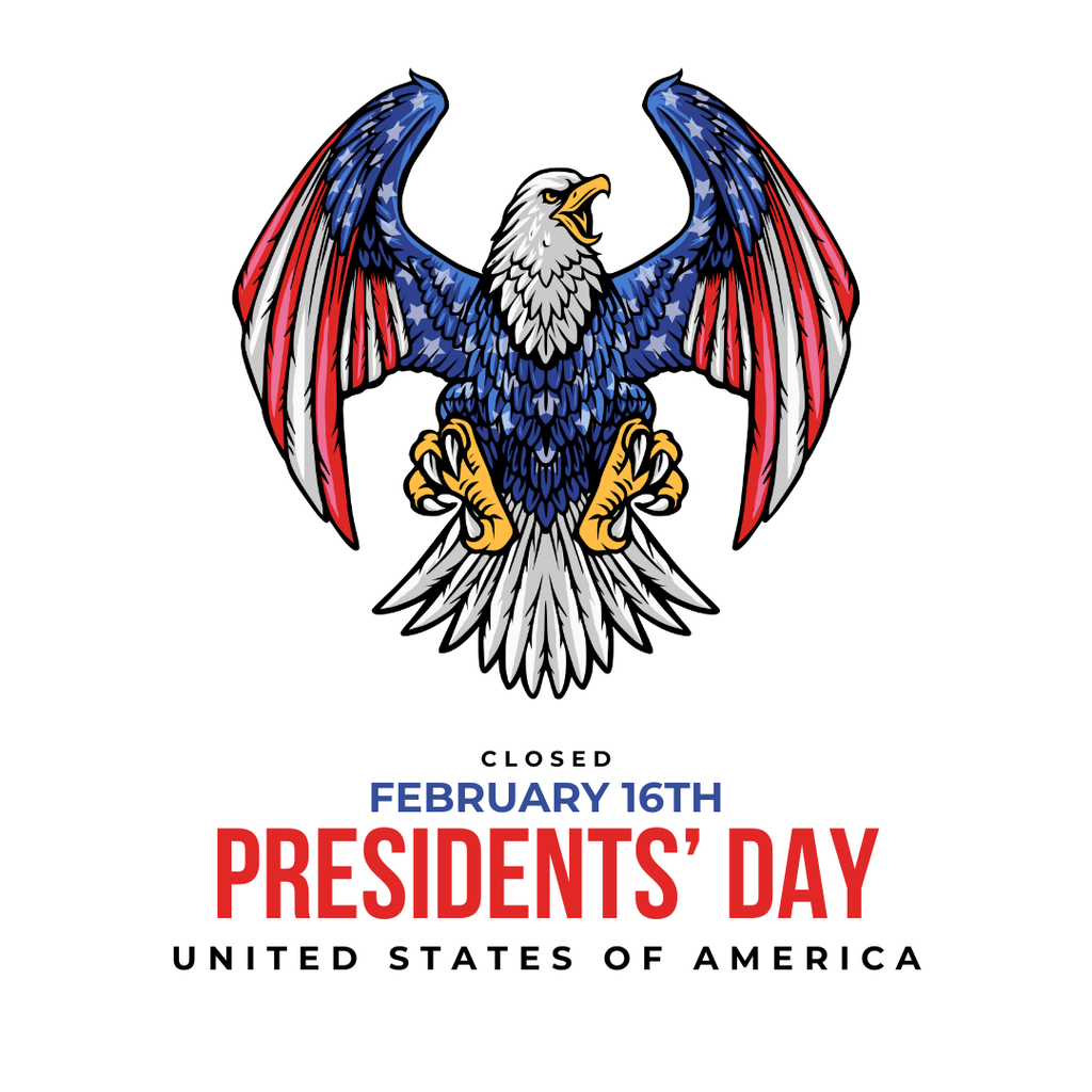 Illustration of a bald eagle with red, white, and blue wings above text reading “Closed February 16th – Presidents’ Day – United States of America.”