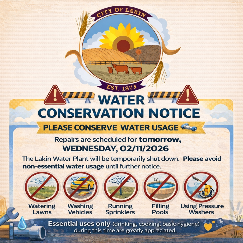 “Square graphic from the City of Lakin titled ‘Water Conservation Notice.’ The City of Lakin seal appears at the top above the headline. Text states: ‘Please Conserve Water Usage.’ Repairs are scheduled for tomorrow, Wednesday, 02/11/2026. The Lakin Water Plant will be temporarily shut down for necessary pipe repairs, and residents are asked to avoid non-essential water usage until further notice. Icons with red prohibition symbols show watering lawns, washing vehicles, running sprinklers, filling pools, and using pressure washers. A footer notes that essential uses only, such as drinking, cooking, and basic hygiene, are appreciated.”