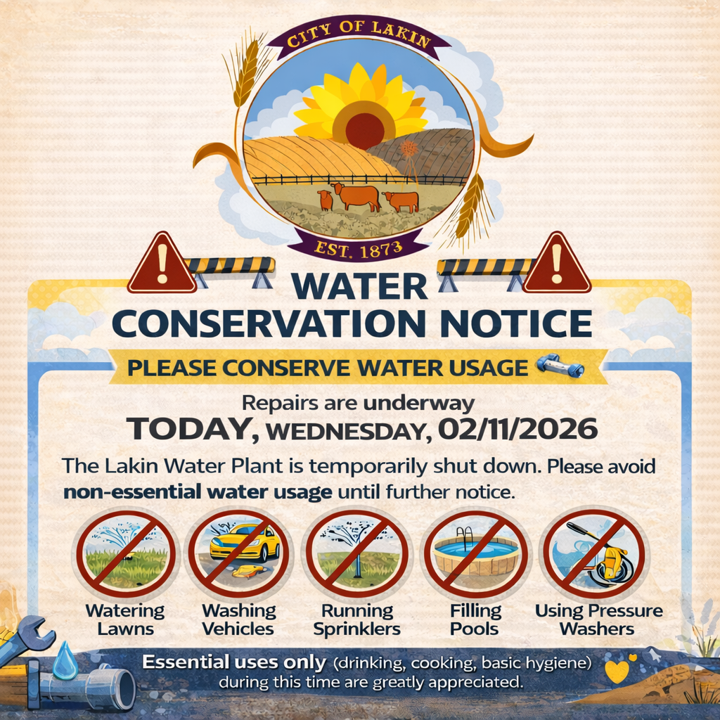 “Square graphic from the City of Lakin titled ‘Water Conservation Notice.’ The City of Lakin seal appears at the top. Text reads: ‘Please Conserve Water Usage.’ Repairs are underway today, Wednesday, 02/11/2026. The Lakin Water Plant is temporarily shut down for necessary pipe repairs, and residents are asked to avoid non-essential water usage until further notice. Icons with red prohibition symbols show watering lawns, washing vehicles, running sprinklers, filling pools, and using pressure washers. A footer notes that essential uses only, such as drinking, cooking, and basic hygiene, are appreciated.”