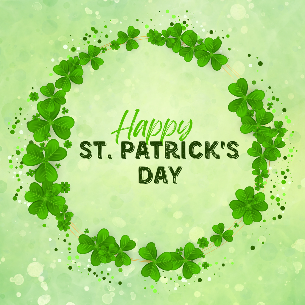 A soft green background with a circular wreath made of bright green shamrocks surrounding the center. In the middle, the text reads “Happy St. Patrick’s Day” in green lettering. The design has a festive, light, and airy feel with scattered dots and clover accents throughout.