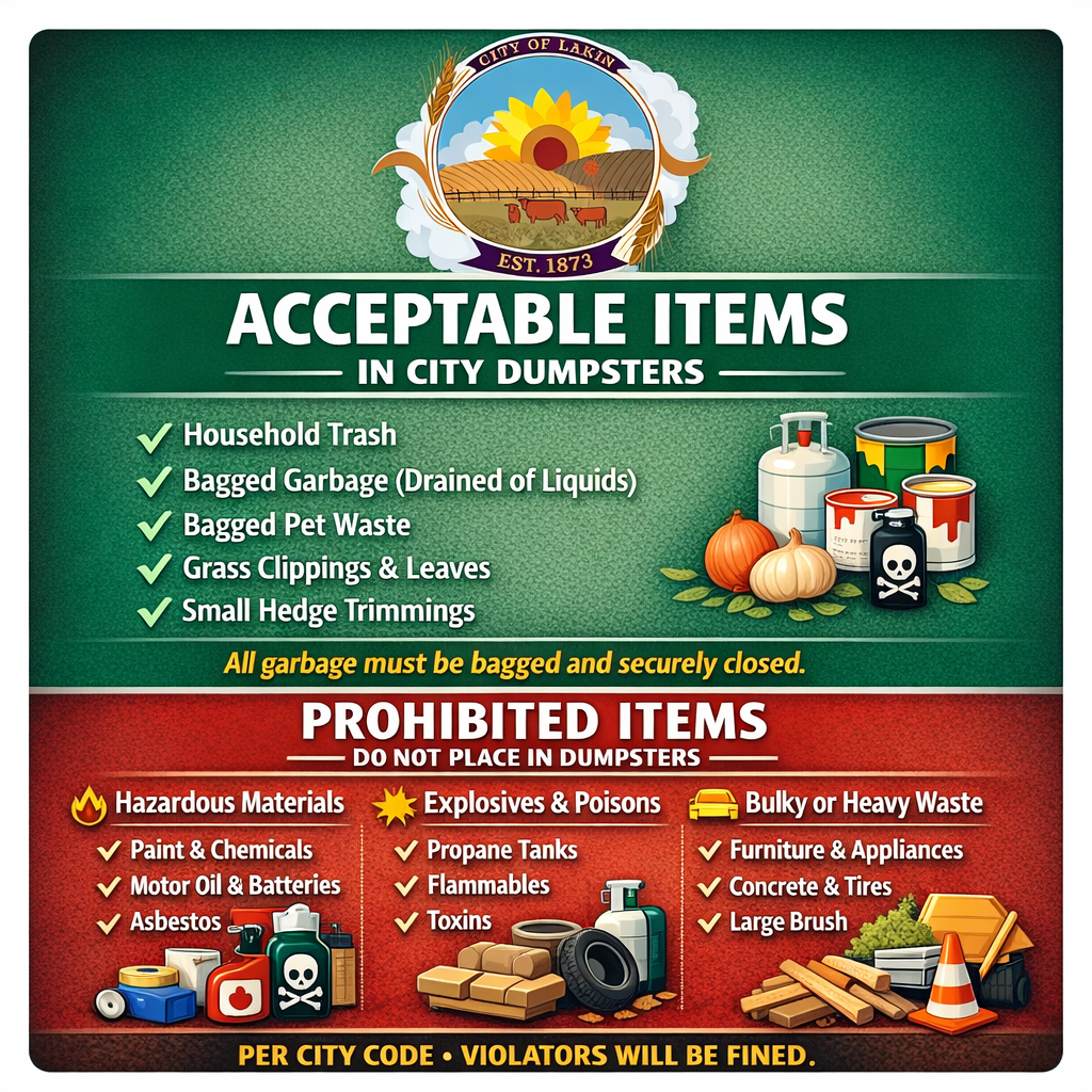 City of Lakin graphic listing acceptable and prohibited items for city dumpsters. Acceptable items include household trash, bagged garbage (drained of liquids), bagged pet waste, grass clippings, leaves, and small hedge trimmings. Prohibited items include hazardous materials such as paint, chemicals, oils, batteries, asbestos, propane tanks, flammables, furniture, appliances, concrete, tires, and large brush. The graphic reminds residents that all garbage must be bagged and securely closed and that violators will be fined per City Code.