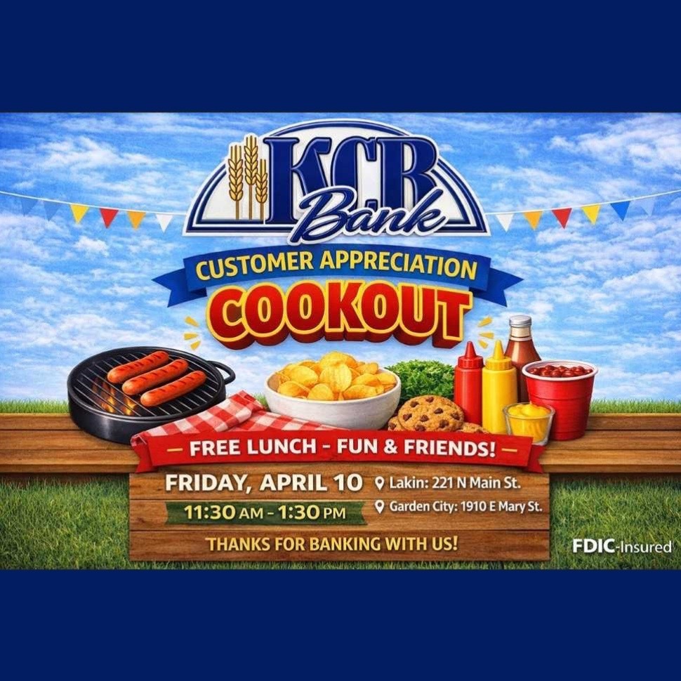 Promotional flyer for KCB Bank’s Customer Appreciation Cookout. The flyer features a blue sky background with the KCB Bank logo at the top and colorful pennant flags across the image. A grill with hot dogs, chips, condiments, beans, and cookies are displayed in the center. Text reads: “Customer Appreciation Cookout – Free Lunch, Fun & Friends!” Event details: Friday, April 10, from 11:30 AM to 1:30 PM. Locations listed are Lakin: 221 N Main St. and Garden City: 1910 E Mary St. Bottom text reads: “Thanks for banking with us!” FDIC insured logo appears in the lower right corner.