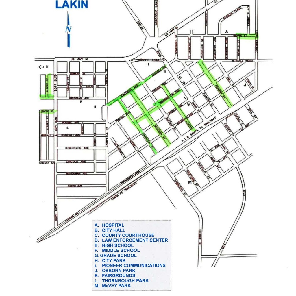 Street map of Lakin with impacted streets highlighted in bright green for scheduled crack sealing April 6–8, 2026. Highlighted areas include portions of Mattie Street, northern Albert Street, Kingman Avenue, Washington Avenue, Hamilton Street, Western Street, Lakin Street, and eastern Thorpe Street.