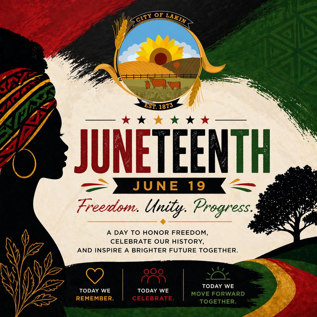 Square Juneteenth graphic from the City of Lakin featuring bold red, black, and green brush strokes with the City logo centered at the top. Large text reads “Juneteenth” with “June 19” underneath. The phrases “Freedom. Unity. Progress.” are displayed prominently. A silhouette profile appears on the left, with a tree and landscape elements on the right. Supporting text reads “A day to honor freedom, celebrate our history, and inspire a brighter future together,” with icons and phrases at the bottom: “Today we remember. Today we celebrate. Today we move forward together.”