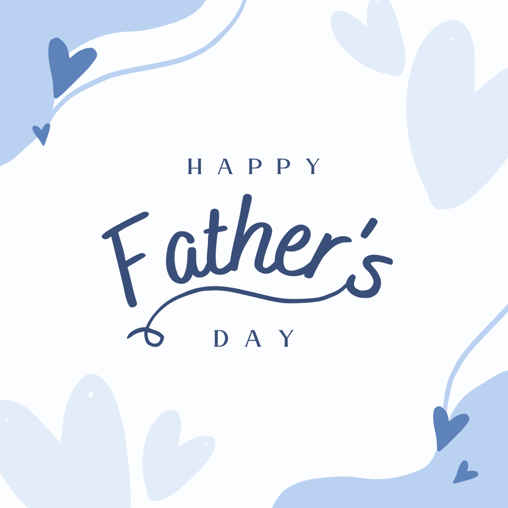 Square graphic with a soft blue and white background featuring abstract shapes and small heart accents. Centered text reads “Happy Father’s Day,” with “Father’s” in a bold script font and “Happy” and “Day” in a simple uppercase font.