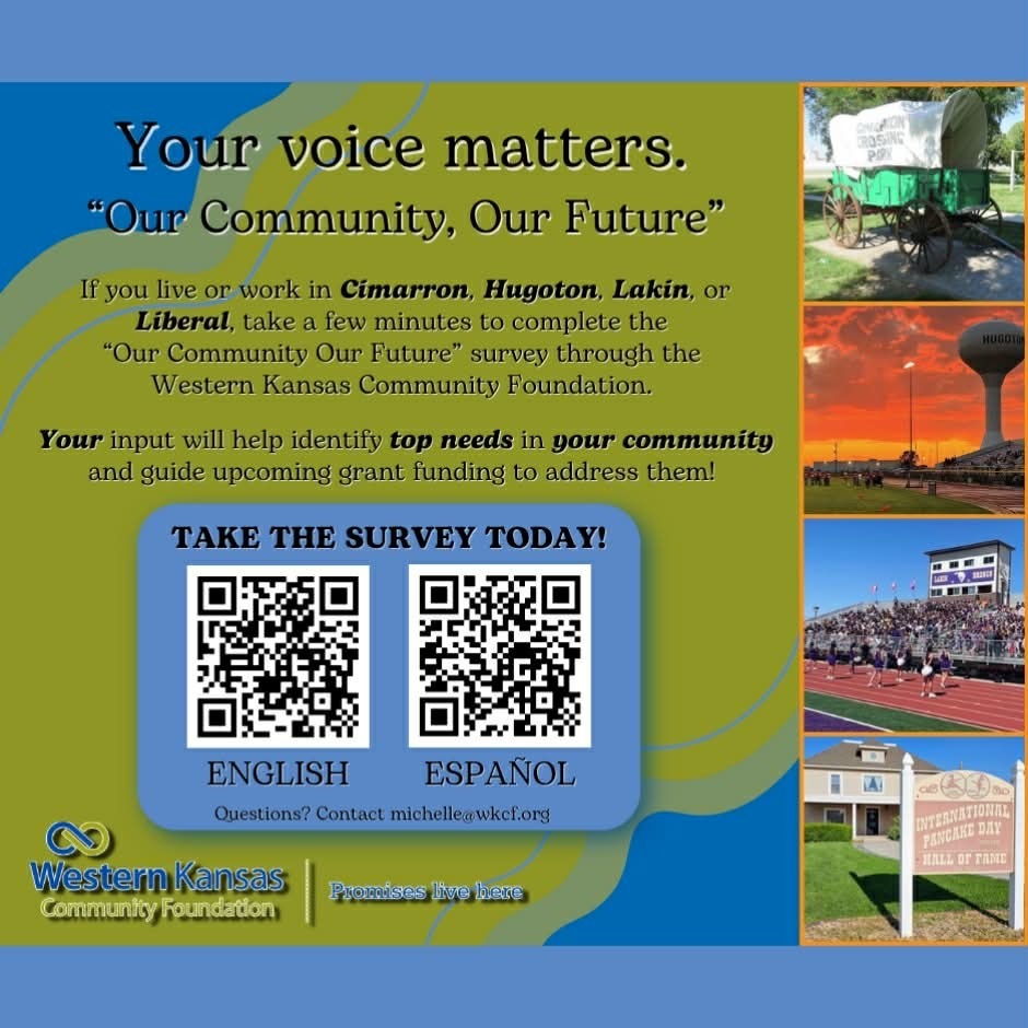 Graphic promoting the “Our Community, Our Future” survey. Text reads “Your voice matters” and invites residents of Cimarron, Hugoton, Lakin, and Liberal to complete a short community survey to help identify top local needs and guide grant funding. Two QR codes are provided for English and Spanish surveys. Images on the right show local scenes including a covered wagon display, a water tower at sunset, a football field crowd, and the International Pancake Day Hall of Fame. Western Kansas Community Foundation logo and contact email are included.