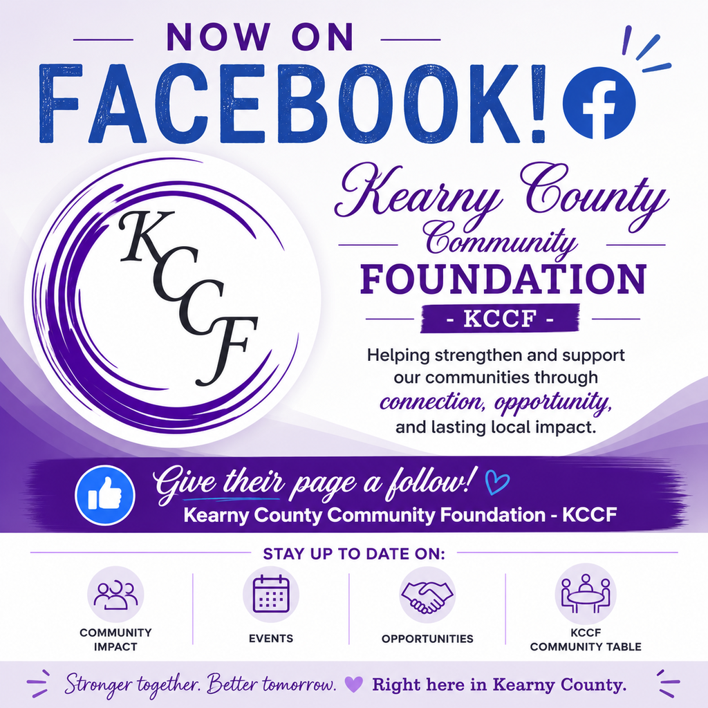 Graphic announcing that the Kearny County Community Foundation - KCCF is now on Facebook. The design features a white background with purple accents and the KCCF logo on the left, showing interconnected black letters “KCCF” inside a circular purple brushstroke. Large text at the top reads, “NOW ON FACEBOOK!” Beside the logo is the organization name, Kearny County Community Foundation - KCCF, along with the message: “Helping strengthen and support our communities through connection, opportunity, and lasting local impact.” A banner across the middle says, “Give their page a follow!” and includes the page name. Icons at the bottom highlight areas to stay up to date on, including community impact, events, opportunities, and KCCF Community Table. A footer reads, “Stronger together. Better tomorrow. Right here in Kearny County.