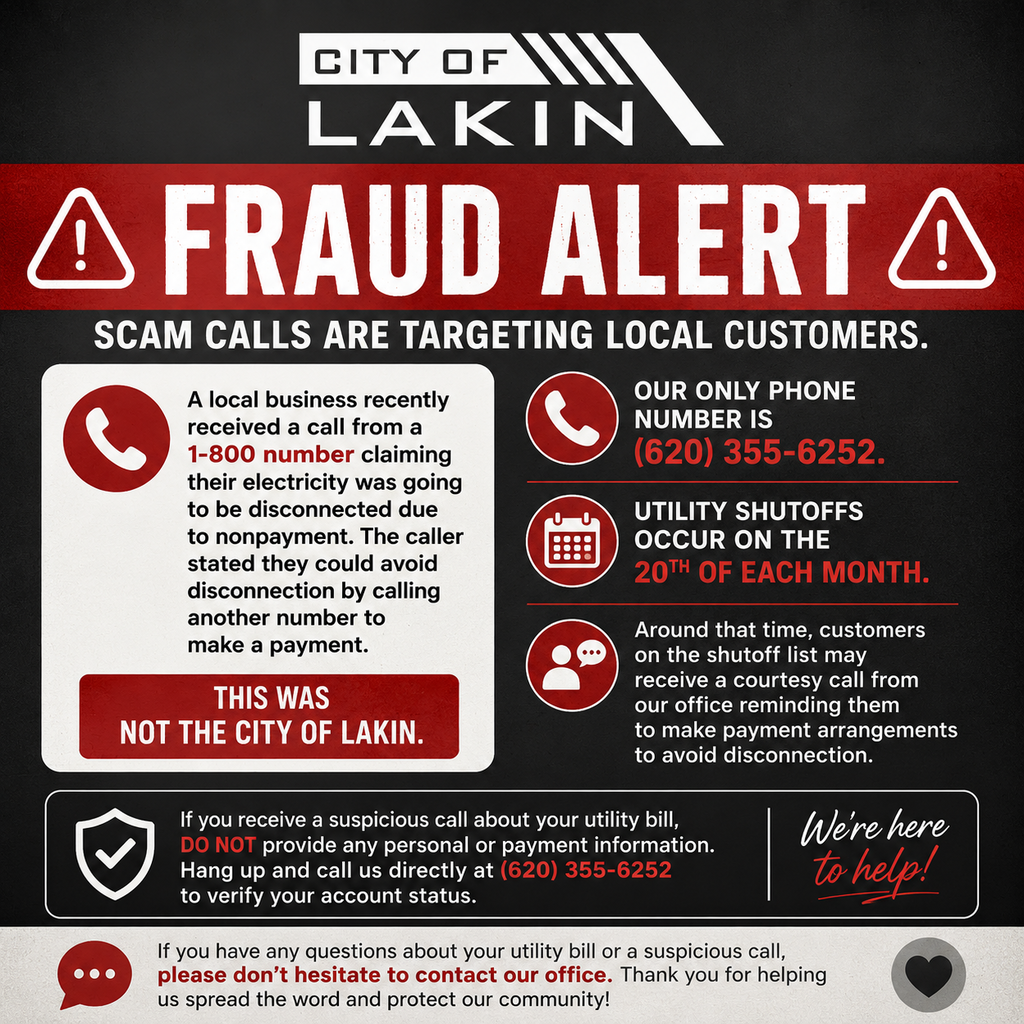Red and white poster titled "Fraud Alert" warns about scam calls. It mentions local businesses receiving calls from 1-800 numbers claiming electricity disconnection.