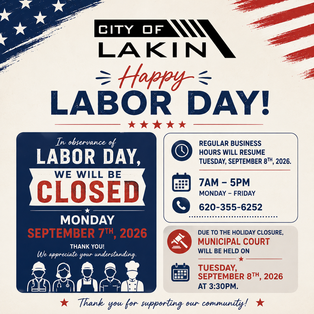 Labor Day poster shows city services will be closed on Monday, September 7, 2026. Municipal court will be held on September 8.