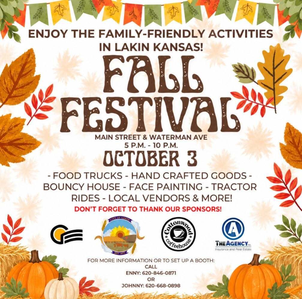 An event flyer for the Fall Festival in Lakin, Kansas on October 3. The flyer features pumpkins, leaves, and sponsors.