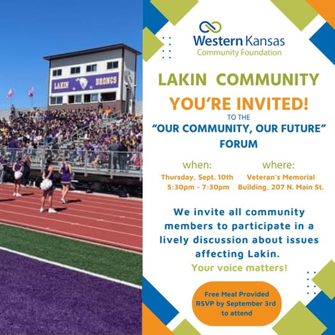 Stadium with people on field and bleachers. Purple and green poster with text and icons.