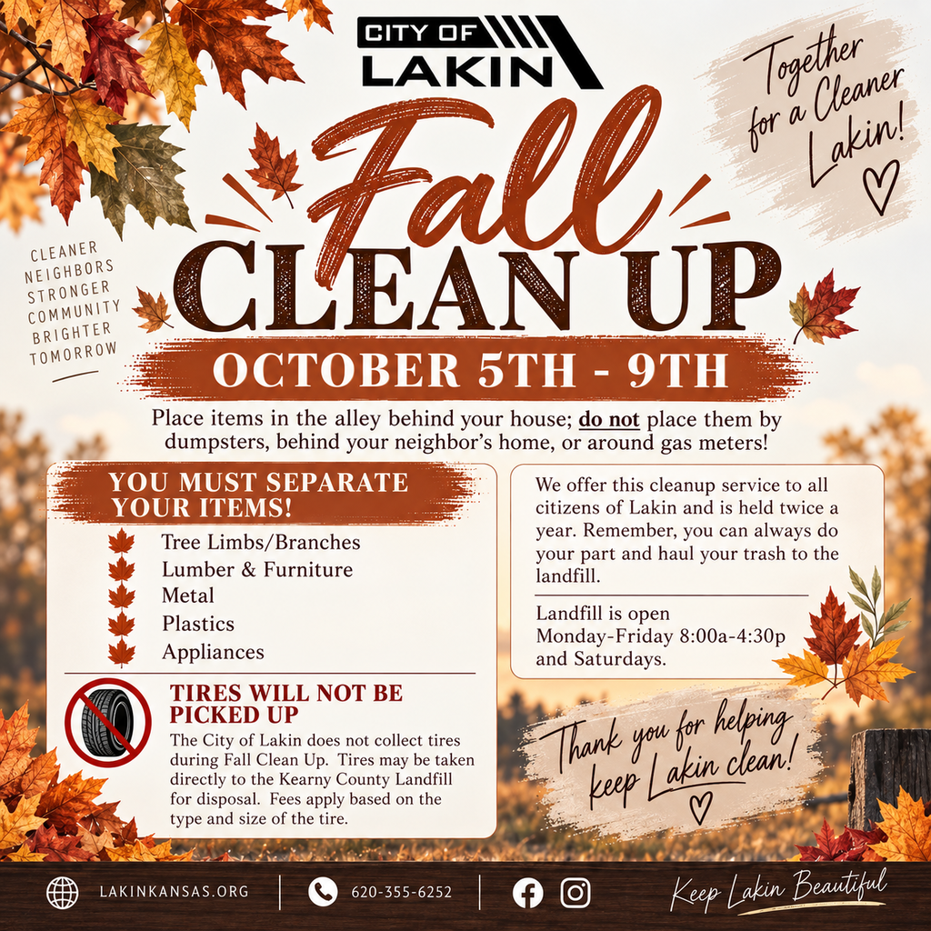 Flyer for Fall Clean Up from October 5th to 9th. It shows leaves and a city logo. Details on items to separate.