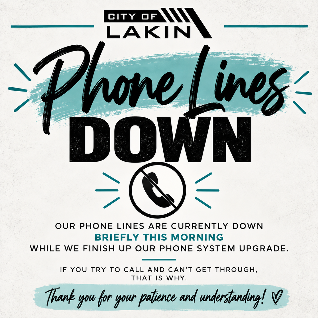 White background with teal and black text. Header reads "Phone Lines Down" with a crossed-out phone icon. Text below explains the issue.